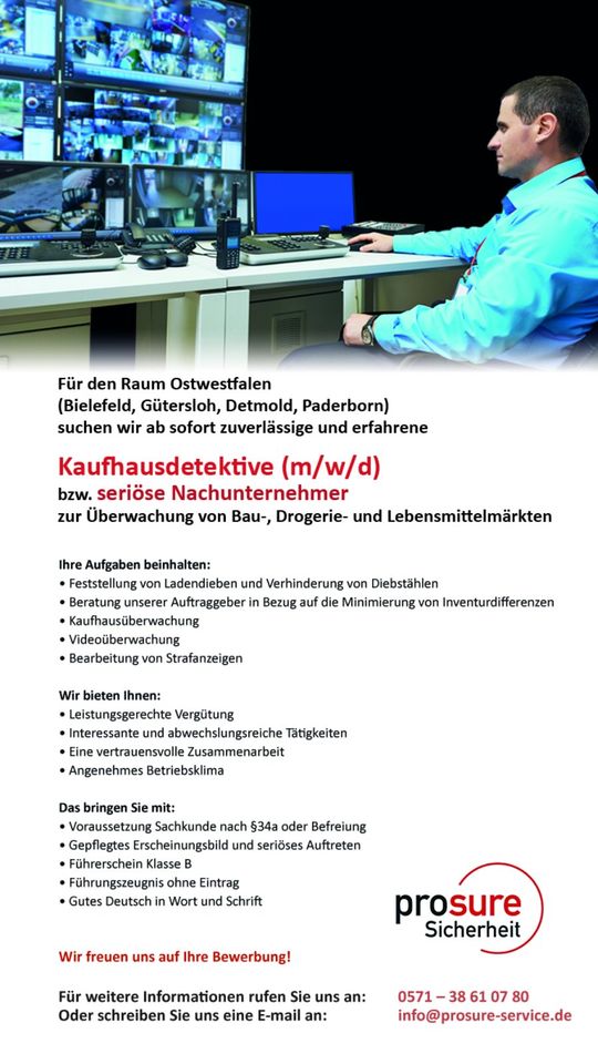 Kaufhausdetektive (m/w/d) in OWL Bielefeld, Gütersloh, Paderborn in Bielefeld