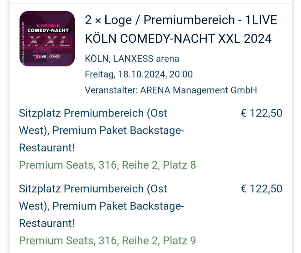 Verkaufe 1 Live Köln Comedy- Nacht XXL 2024 Tickets in Köln