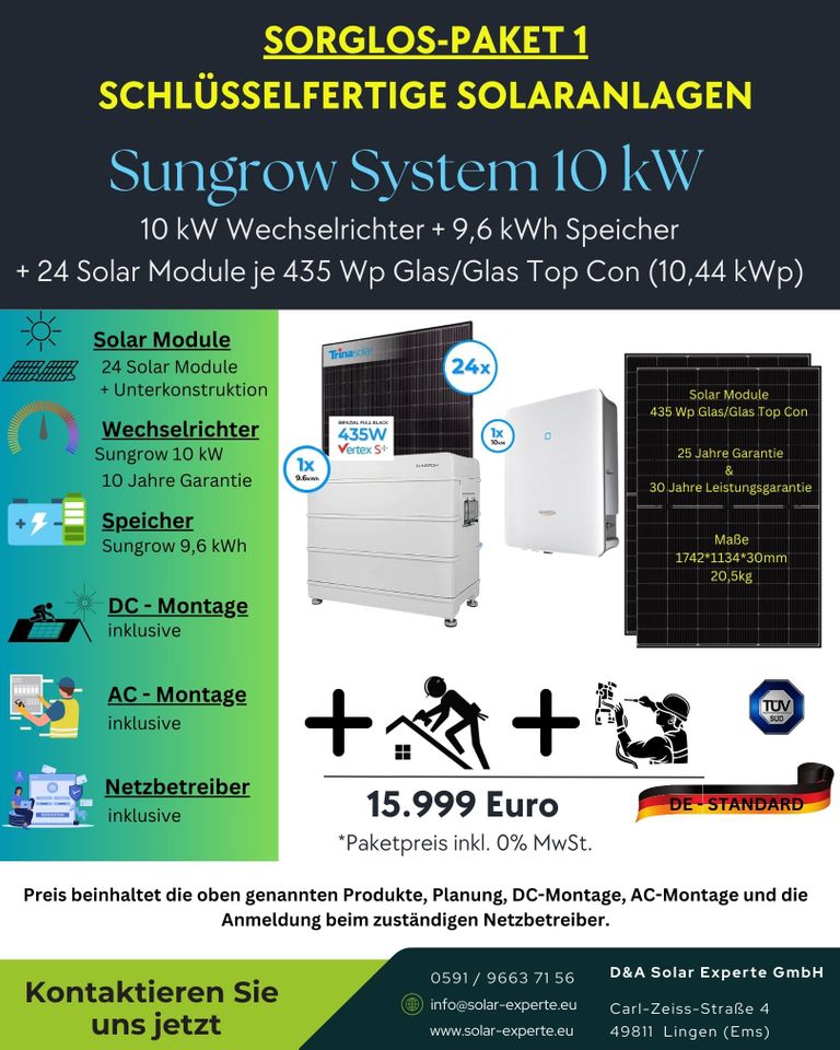 Sungrow 10 kW Solar-/PV-Anlage + 9,6 kWh Speicher | Schlüsselfertig | Sorglos-Paket | Solaranlage | Photovoltaik Anlage in Nordhorn