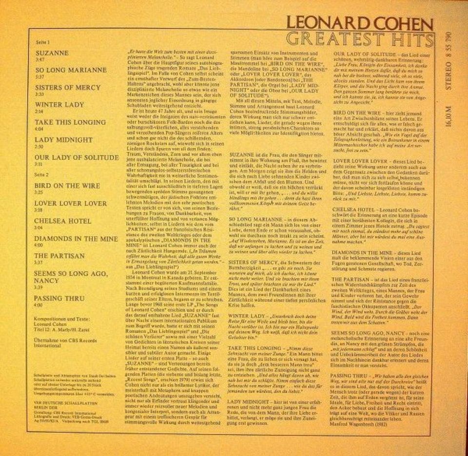 Leonard Cohen – Greatest Hits Amiga LP / Vinyl / Schallplatte in Samtens