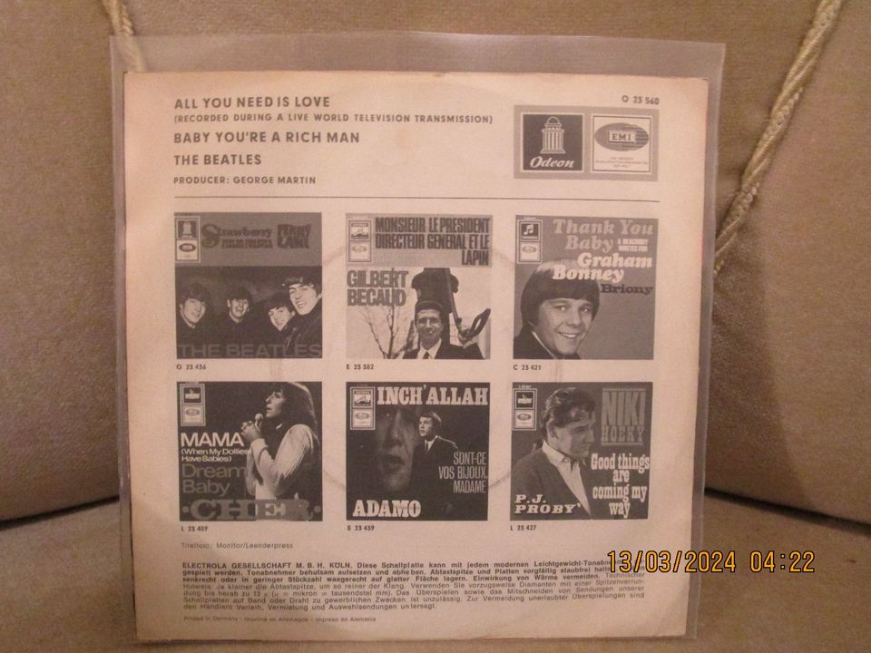 THE BEATLES – All You Need Is Love – 1967 Odeon Single (VG / EX) in Groß-Gerau