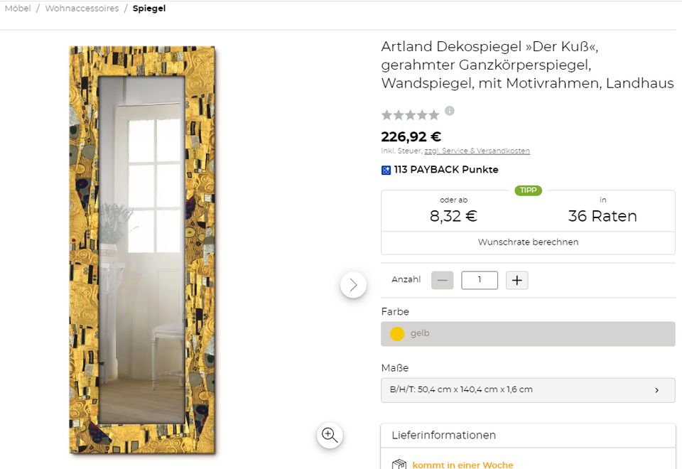 Artland Garderobe mit Spiegel Gustav Klimt Der Kuss dreiteilig in Leipzig
