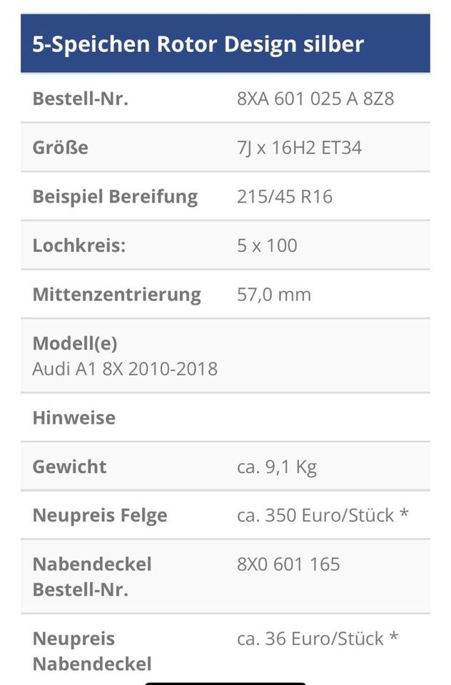 Alufelgen Rotor-Design für Audi A1 mit Sommerreifen 215/45 R16 in Erwitte