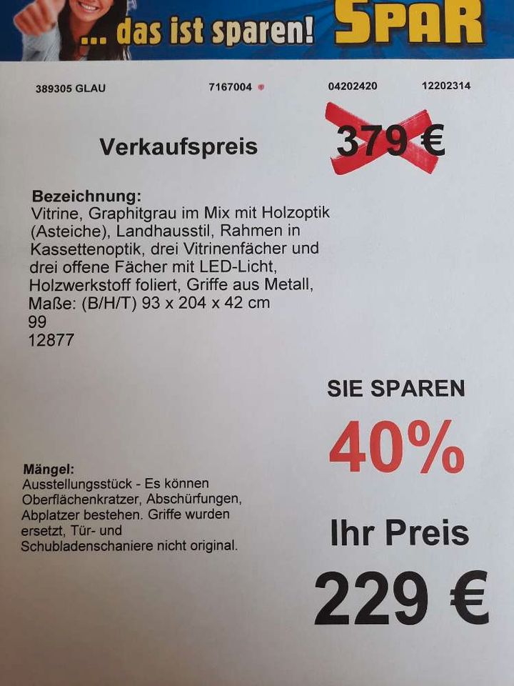 Vitrine, Graphitgrau/ Asteiche, Landhaustil, LED statt 379 € in Glauchau