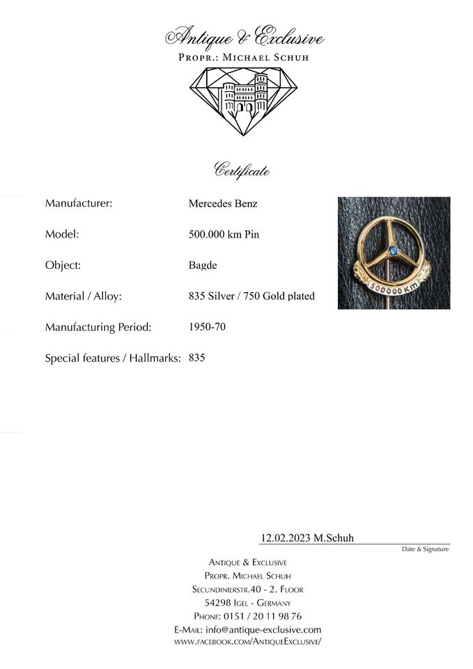 Pin Mercedes 500.000 500000 Km Anstecknadel 835 Silber  Vergoldet Neuwertig Top Versand DHL Händler Geschenk Echt in Igel