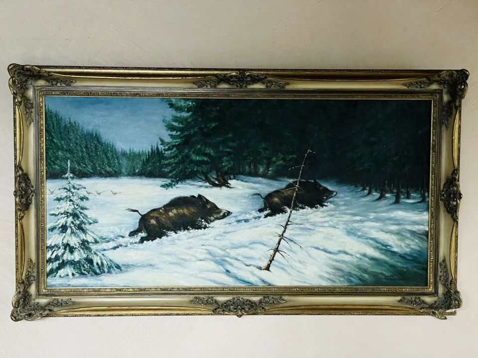 Antik Ölgemälde Öl Platte G. Ludwig '81 Wildschweine Gemälde Bild in Hagen