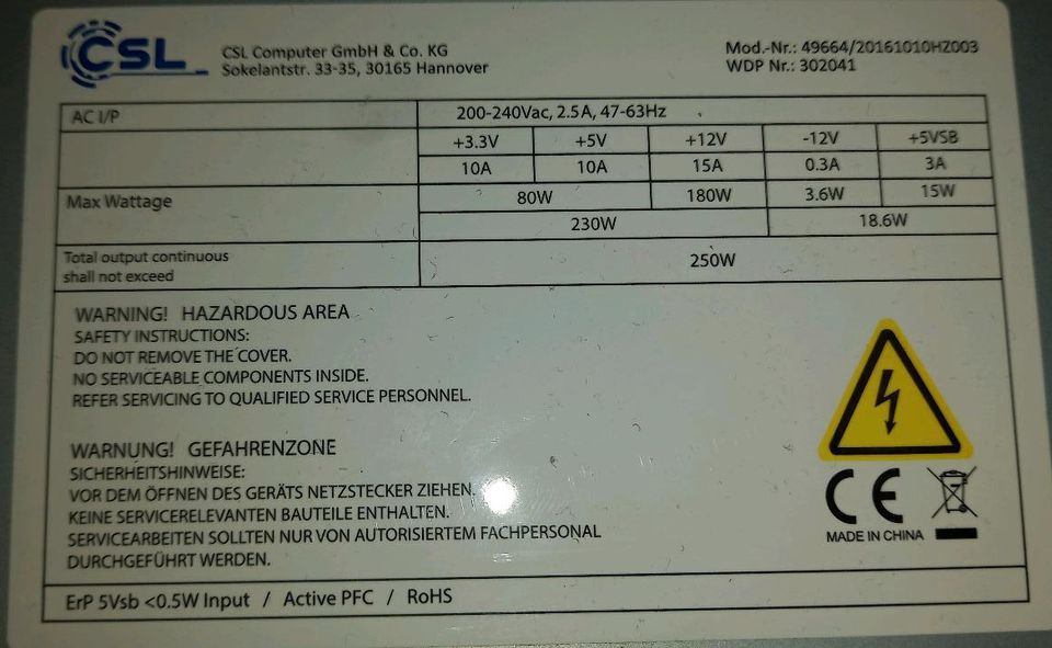 CSL 250W Netzteil (nicht modular) in Wittingen