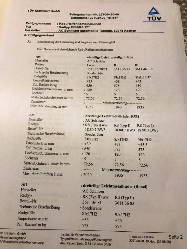 Ac Schnitzer Gutachten 8x17 & 8 1/2 x17 Versand als Brief 3€ in München