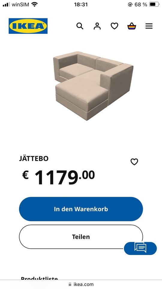 IKEA Jättebo Sofa Couch Beige Cord in Nersingen