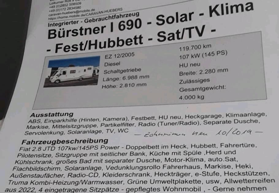 Bürstner Wohnmobil I690 Solar Klima Jubbett Sat/Tv in Mülheim (Ruhr)