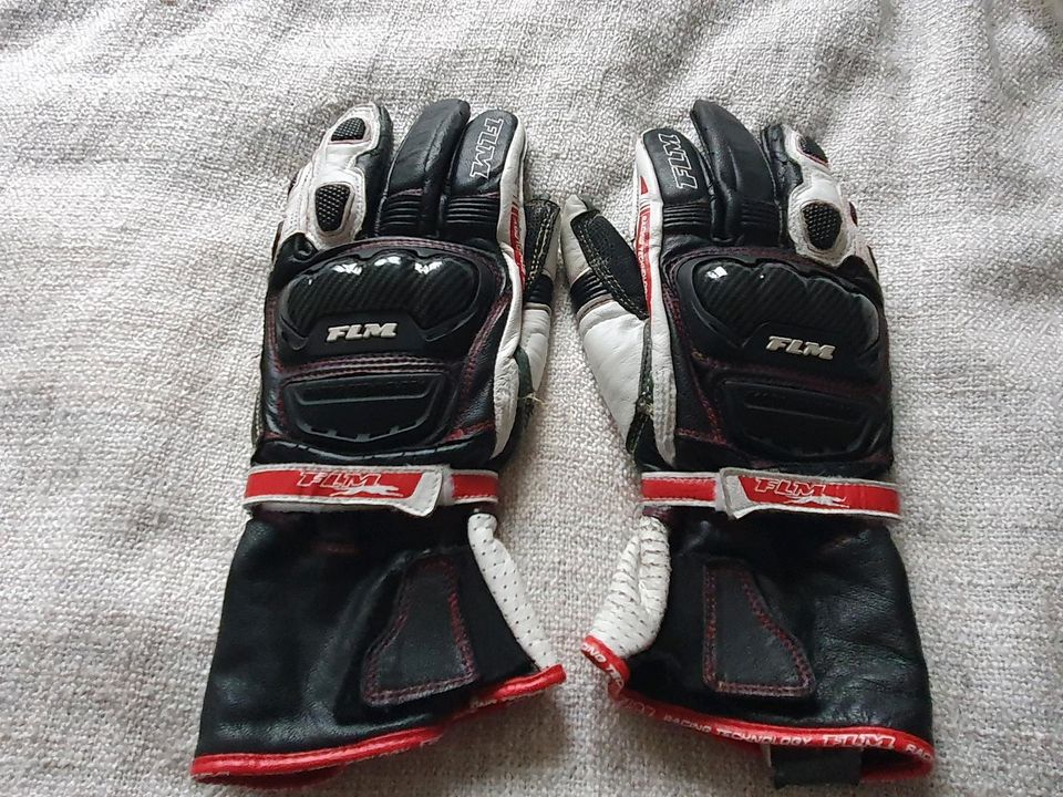 FLM Sports Motorrad Leder Handschuhe schwarz weiß rot Größe 9 L in Steinbach