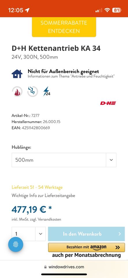 D+H Fensterantrieb/ Kettenantrieb KA 34/500 300N 24V gebraucht in Achstetten