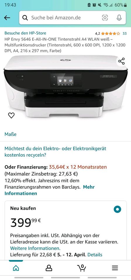 HP Envy 5646 E-All-IN-ONE Tintenstrahl– Drucker in Bremen