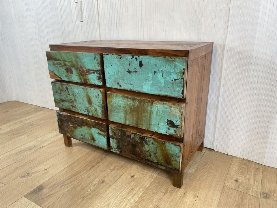 Boatwood by WMK # Meeresblaue Schubladenkommode aus altem Bootsholz, ein handgefertigtes Unikat aus massivem Teakholz # Schrank Kommode Wäschekommode Sideboard Wickelkommode Flurkommode Chest Teak in Berlin