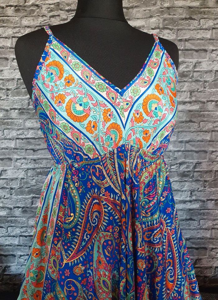 Corte Hindú Boho Hippie Ibiza MaxiKleid 36 S blau bunt Gold Seide in Hof (Saale)