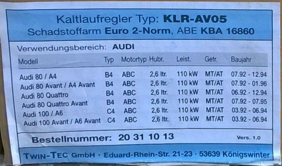 AUDI 8o/1oo/2oo•2,6ltr.+2,8ltr.•V6•AVo5•9o-96•Kaltlaufregler in Neunkirchen