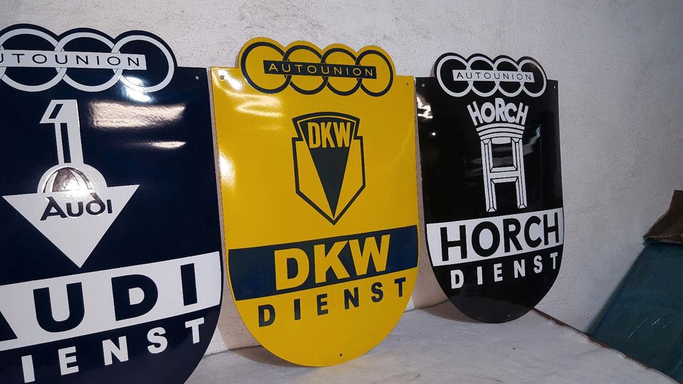 DKW Horch Audi Wanderer Emallienschild Deko Werkstatt in Altenburg