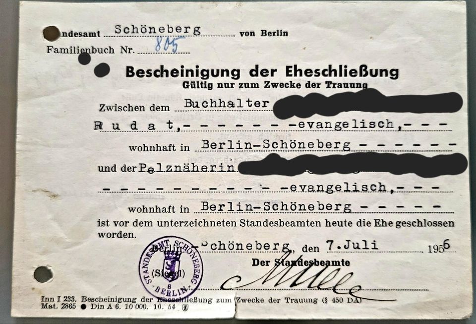 Bescheinigung Eheschließung  1956 in Berlin