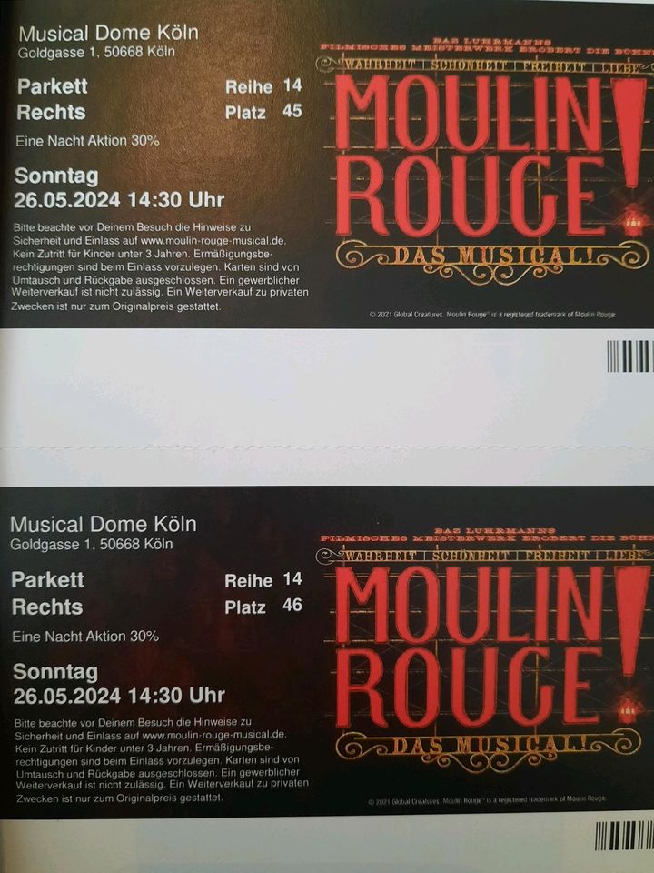 2 Tickets für Moulin Rouge Musical Köln So, 26.5.24 um 14 Uhr in Mainz