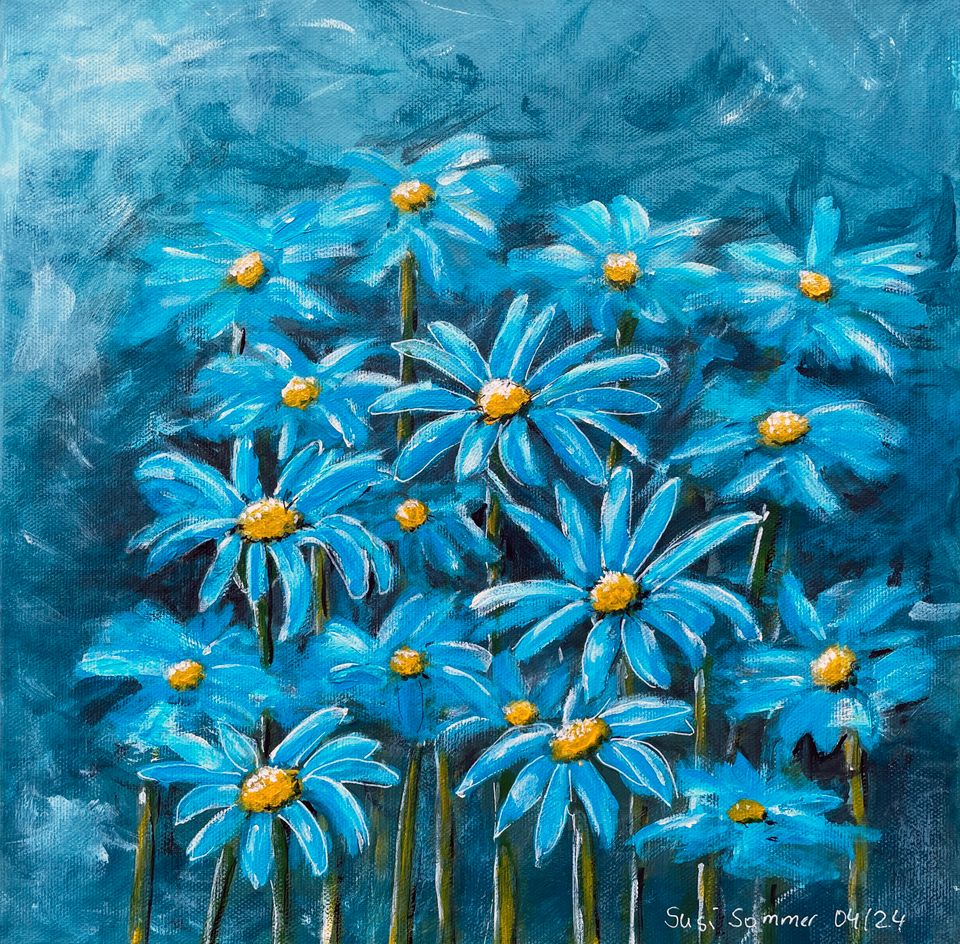 Originalbild Blumenfeld, blaue Blumen, Keilrahmen (ca. 30 x 30 cm in Mölln