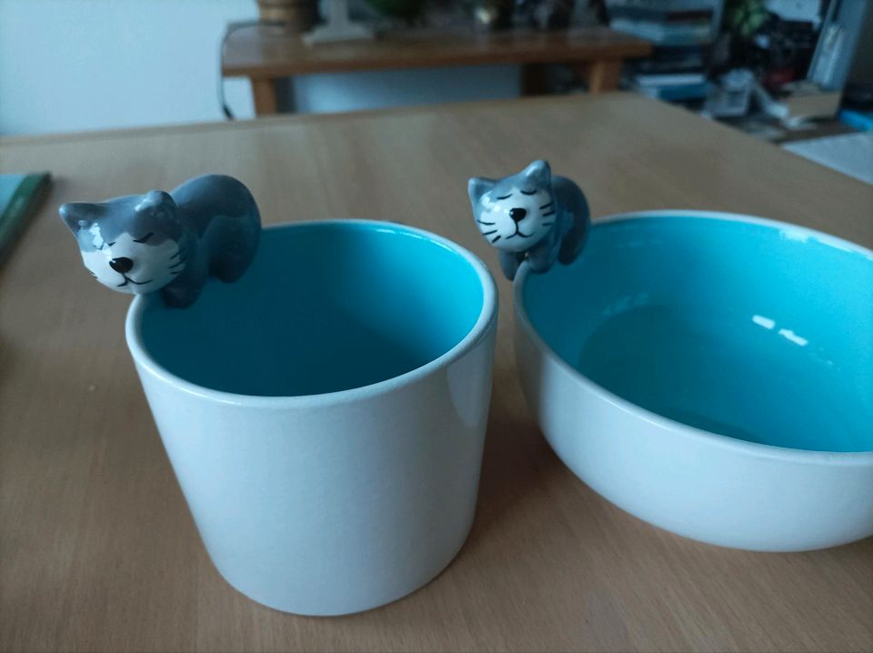 3 D- Katzen Tasse & Keramik Müsli Schale mit Kätzchen Figur drauf in Gievenbeck