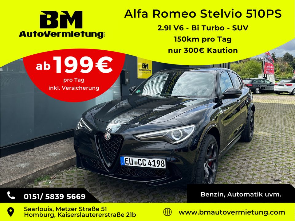 "Mieten Sie den ALFA Romeo Stelvio 510PS für Ihre Hochzeit - Sportwagen & Luxus SUV in Ihrer Nähe verfügbar! Poser Auto, laute Autos & sportliche Fahrzeuge mieten ohne Kreditkarte bei Top-Autovermietu in Saarbrücken