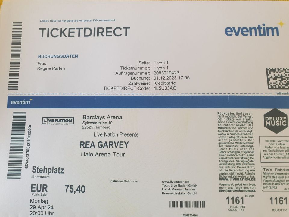 Rea Garvey Konzertticket Hamburg 29.04.24 in Kiel