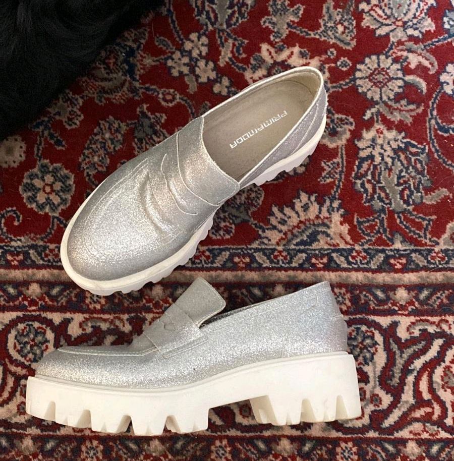 Loafers Plateau Slipper Leder Silber Glitzer in Freiburg im Breisgau