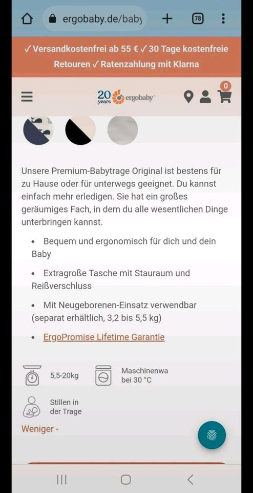 Ergobaby Original Babytrage mit Neugeborenen-Einsatz (unbenutzt!) in Oberasbach