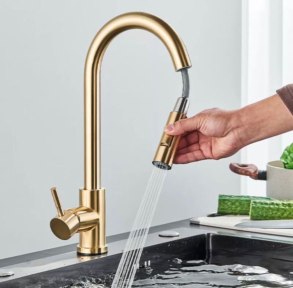 Küchenarmatur Ausziehbar Brause Gold Edelstahl Wasserhahn Küche in Bebra