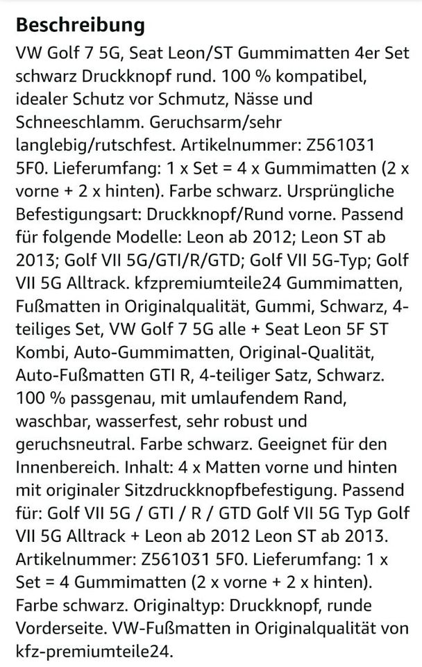 Gummi Fußraummatte VW Golf Seat Leon in Menden