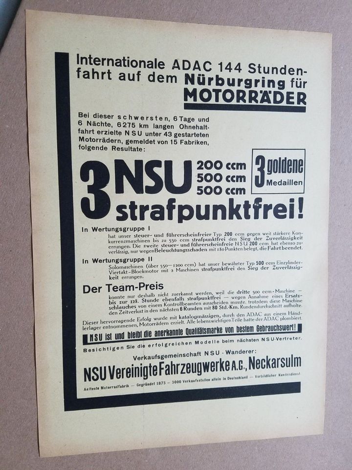 NSU Allgemeines Werbeblatt Nürburgring Prospekt 30er Jahre in Schwarzenbach am Wald