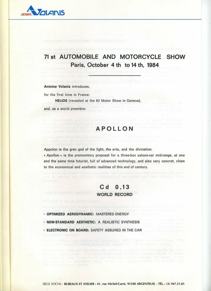 Design Volanis - Apollon - Salon de Paris 1984 (Pressemappe) in Osnabrück