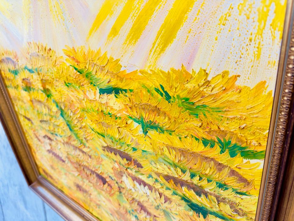 Gemälde - "Erblühen der Sonnenblume" - mit goldenem Holzramen in Weinheim