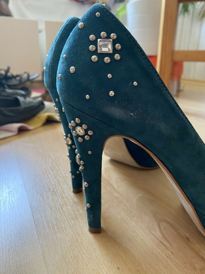 Mai Più Senza High Heels Pumps Strass Glitzer Petrol Italy in Hückeswagen