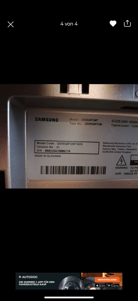 TV 4K Samsung QE65Q8FGMT 165cm 65Zoll UHD in Sohren Hunsrück