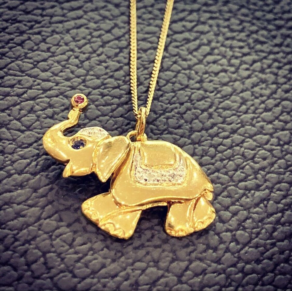 Elefant Anhänger mit Kette 333/585 Gold Diamant Saphir Rubin FJV in Essen