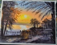 Aquarell Bild selbstgemalt 33x40* Sonnenaufgang Rostock - Evershagen Vorschau