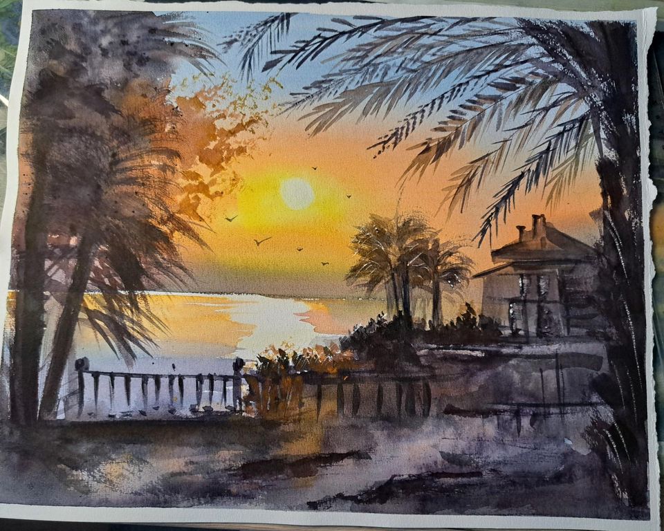 Aquarell Bild selbstgemalt 33x40* Sonnenaufgang in Rostock