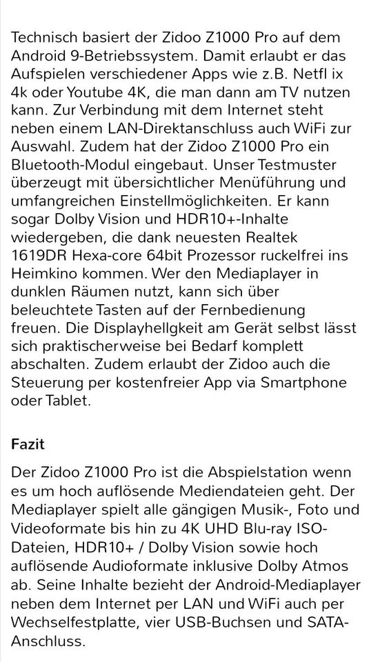 Zidoo Z1000 PRO , 4K UHD Media Player in Neubrandenburg