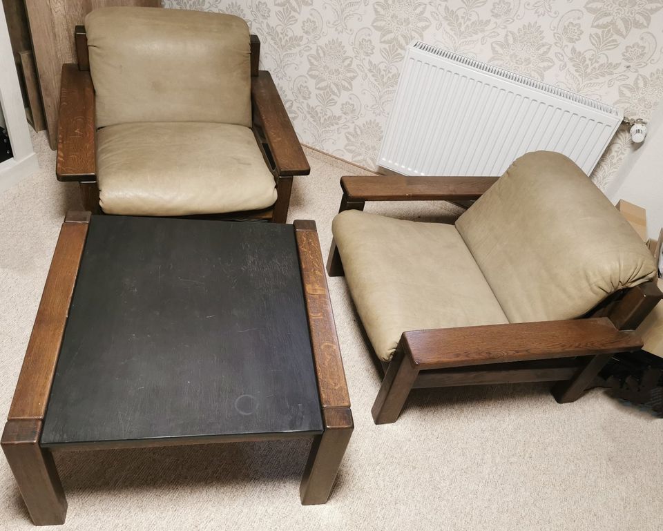 Zwei Sessel und ein Tisch - echtes Holz, Leder und Schiefer! in Möser