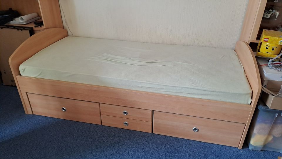 Bett Kinderbett 200x90 Buche-Optik Lattenrost Bettkasten Welle in Herne
