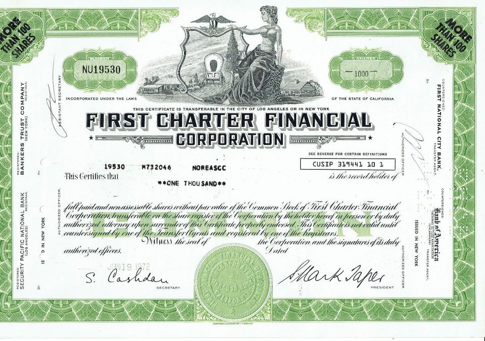 Alte Aktie der First Charter Financial Corp. von 1972 in Hamburg