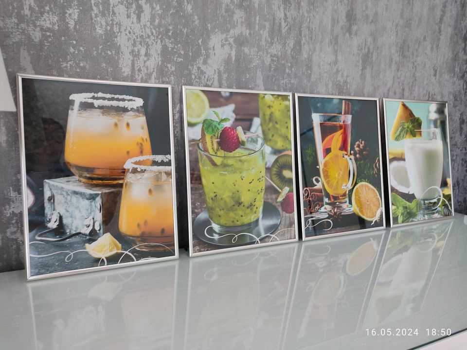 4-er Set Bilder mit Rahmen Dekoration Küche Glas in Weingarten