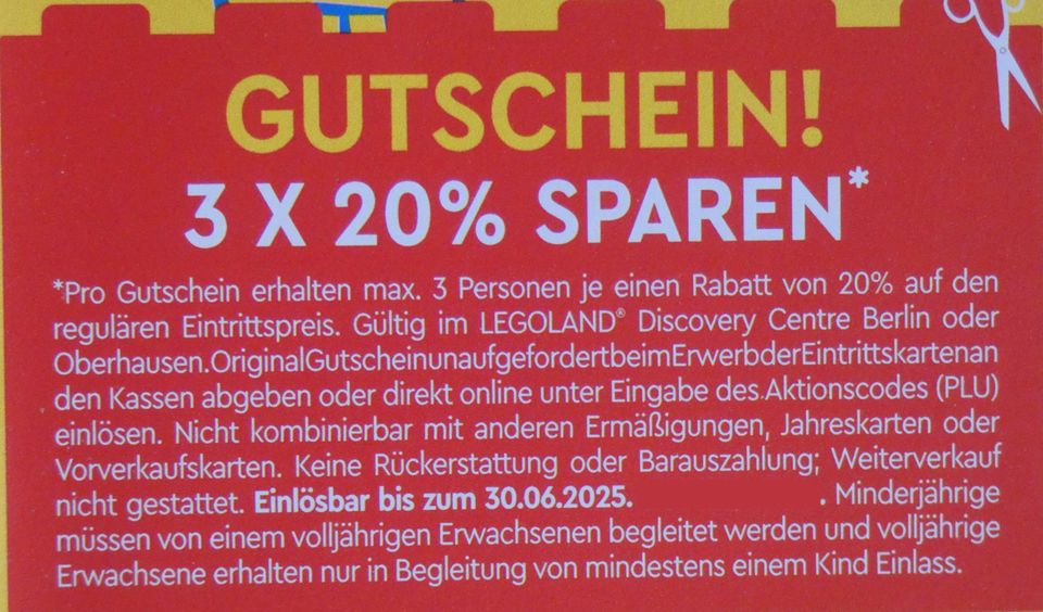 3 x 20% Gutschein Legoland Discovery Centre Oberhausen/Berlin in Winnenden