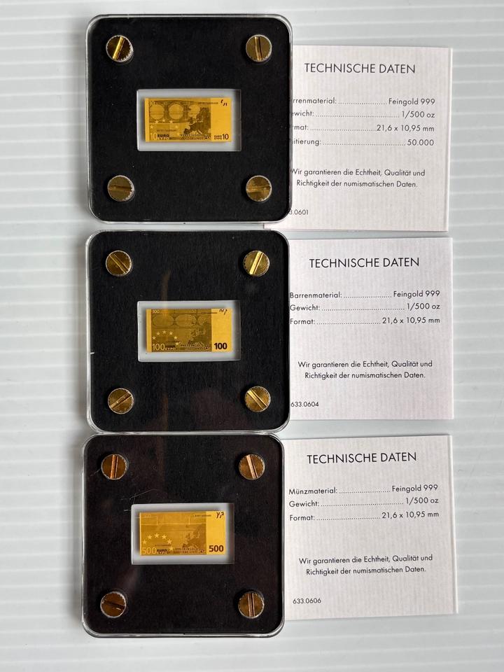 999-er Goldbarren Konvolut 3 Stk. „Euro Banknoten“ 10/100/500Euro in Langenfeld