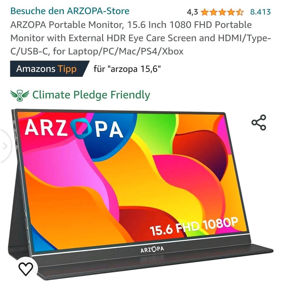 ARZOPA Portable Monitor, 15.6 Inch 1080 FHD Portable Monitor with in Seelow