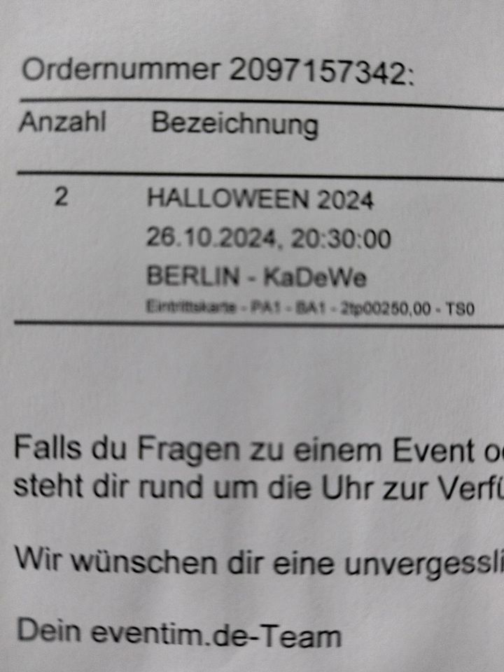 Tickets 2x für Halloween Party im KaDeWe in Schönfeld