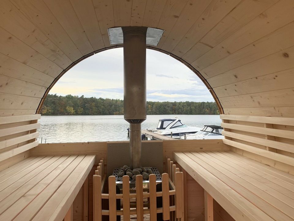 Panoramasauna mit Holzofen, Vordach, LED, 230v Sauna Fasssauna in Wandlitz