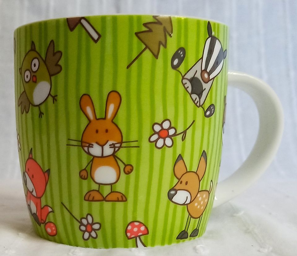 HERZ & HEIM große TASSE grün gestreift WALDFREUNDE Wald-Tiere MUG in München